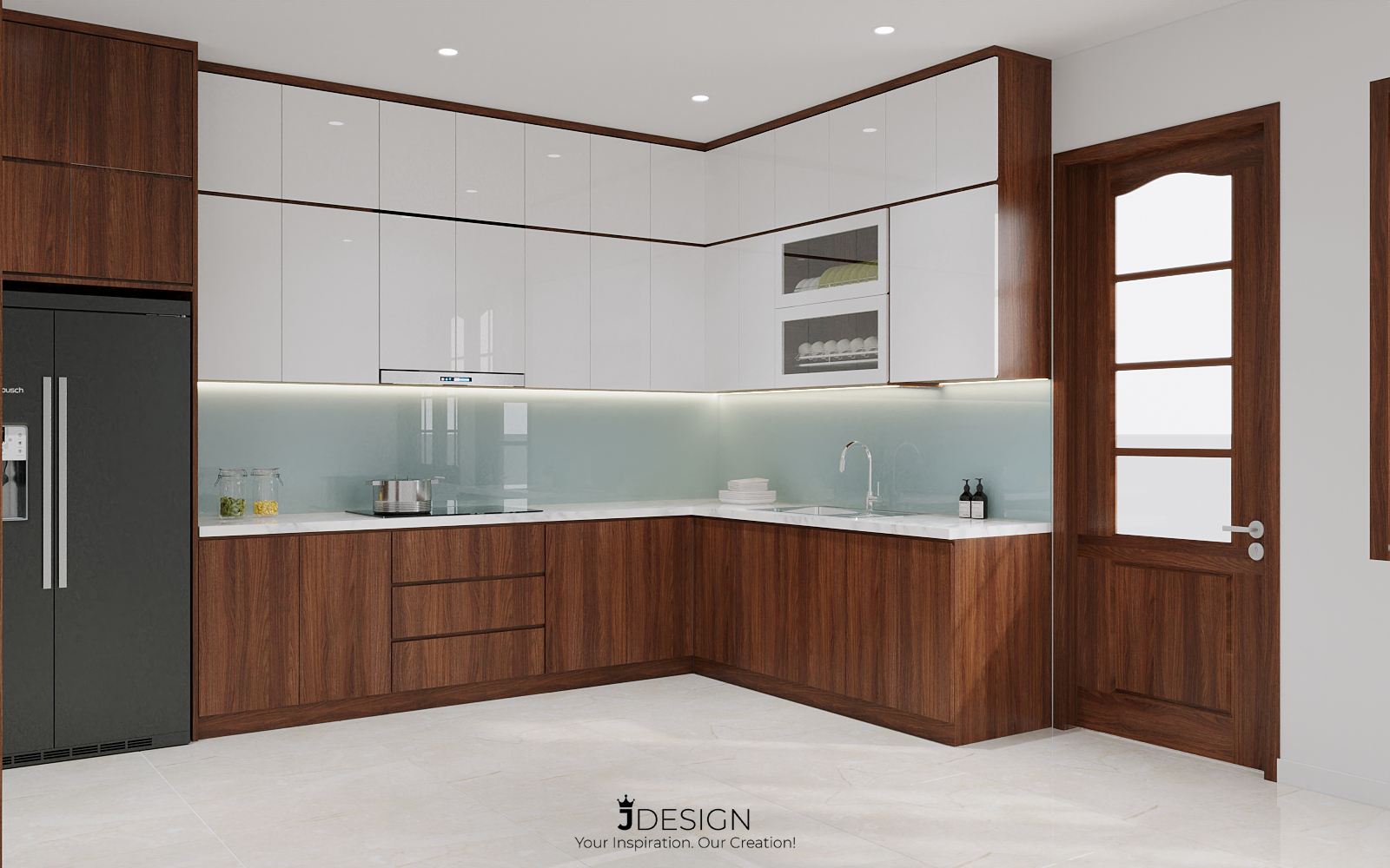 Khu vực phòng bếp hiện đại, sử dụng MFC/Laminate đồng màu với gỗ tự nhiên hiện trạng